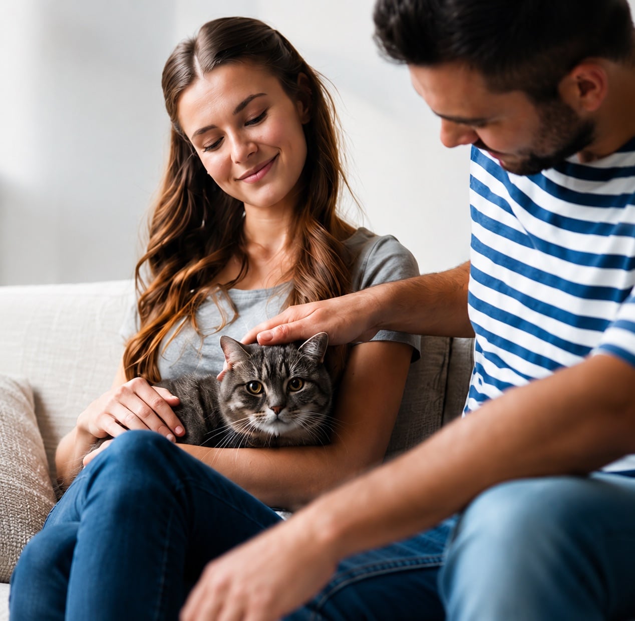 Casal sorrindo enquanto acaricia o gato no colo